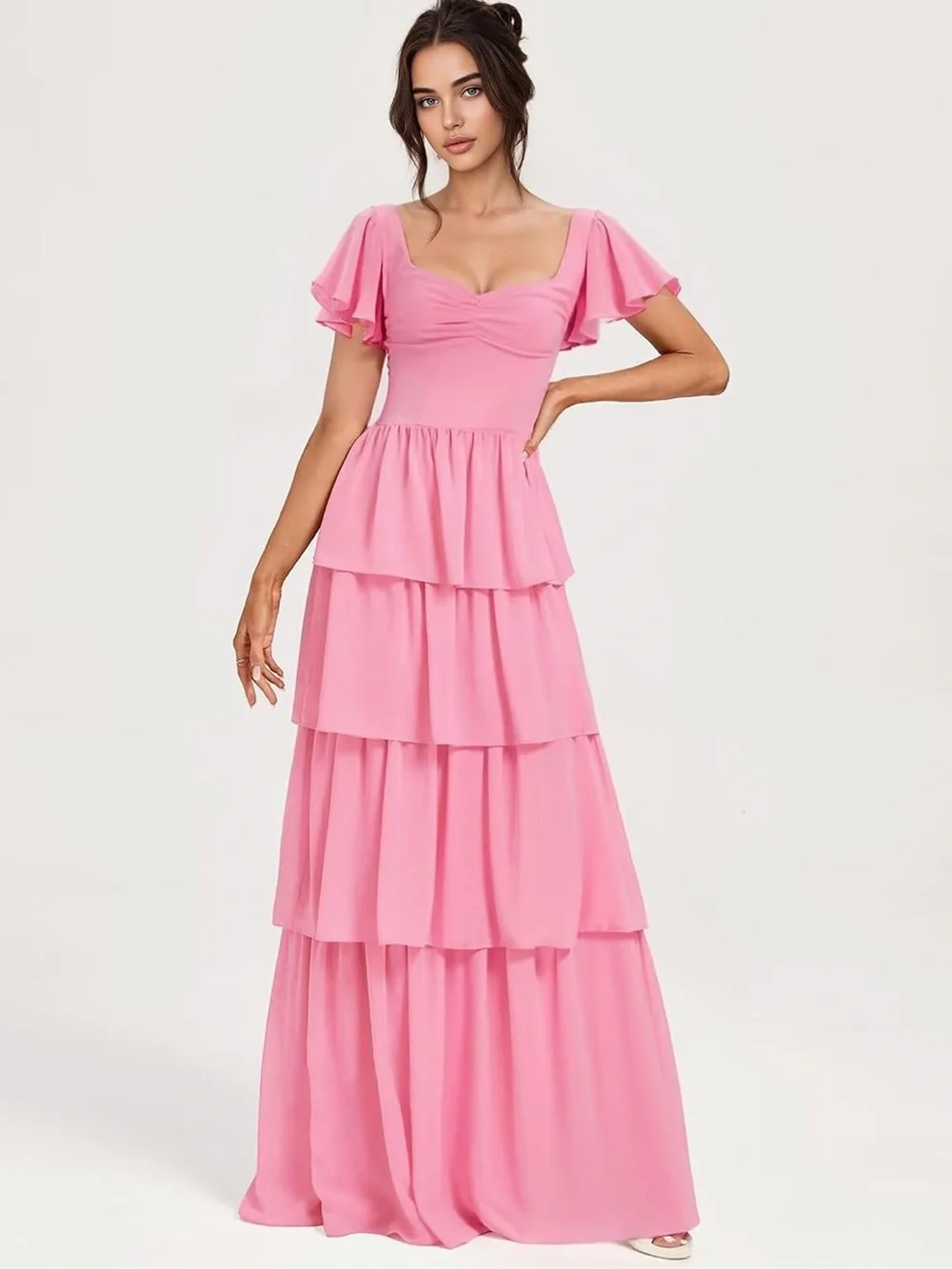 Yellow Tiered Flutter-Sleeve Maxi Dress with corset at the back